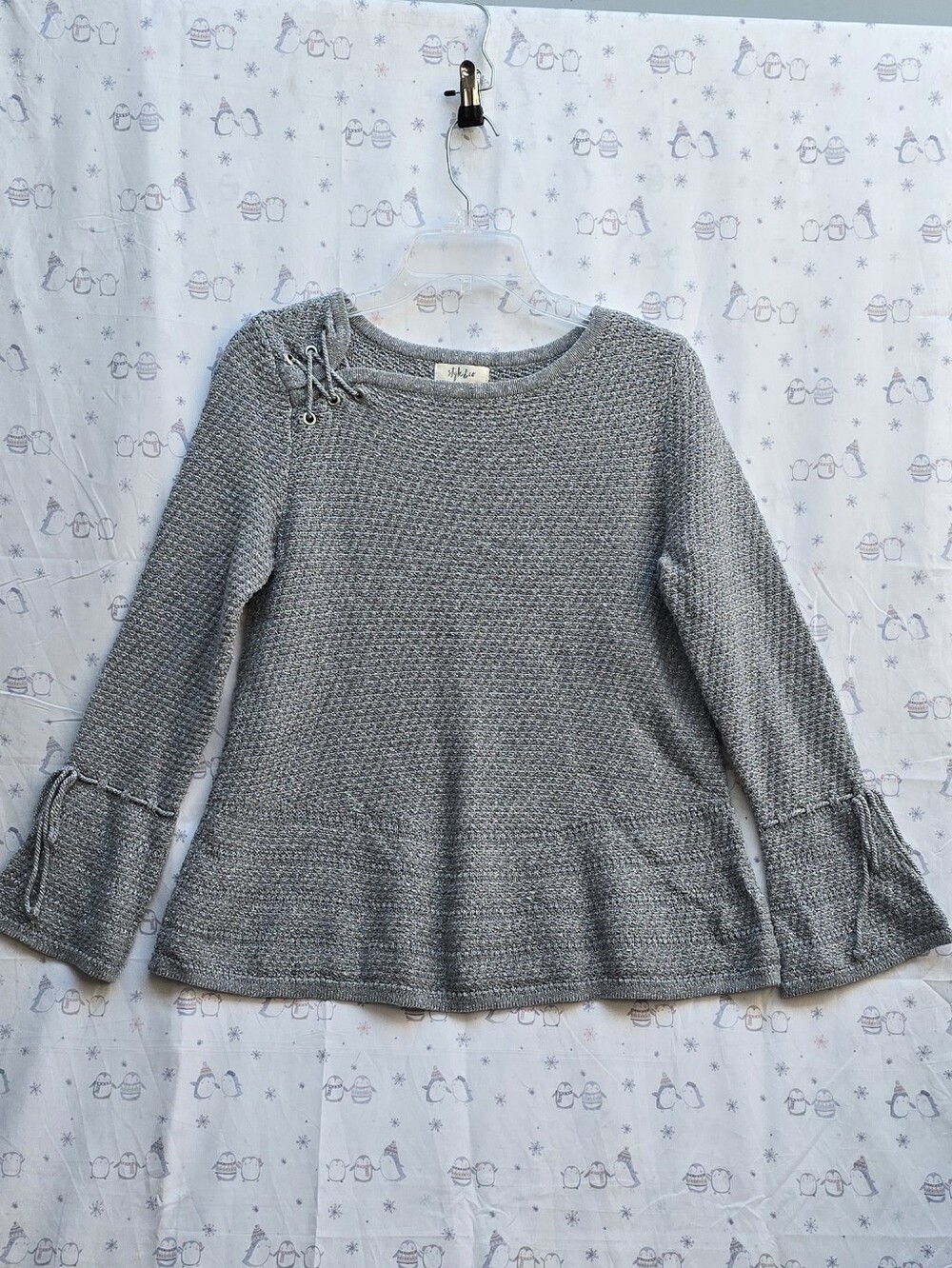 Style & Co.Metallic Gray Knit Round neck Sweater Lace-Up Shoulder Bell Sleece. S